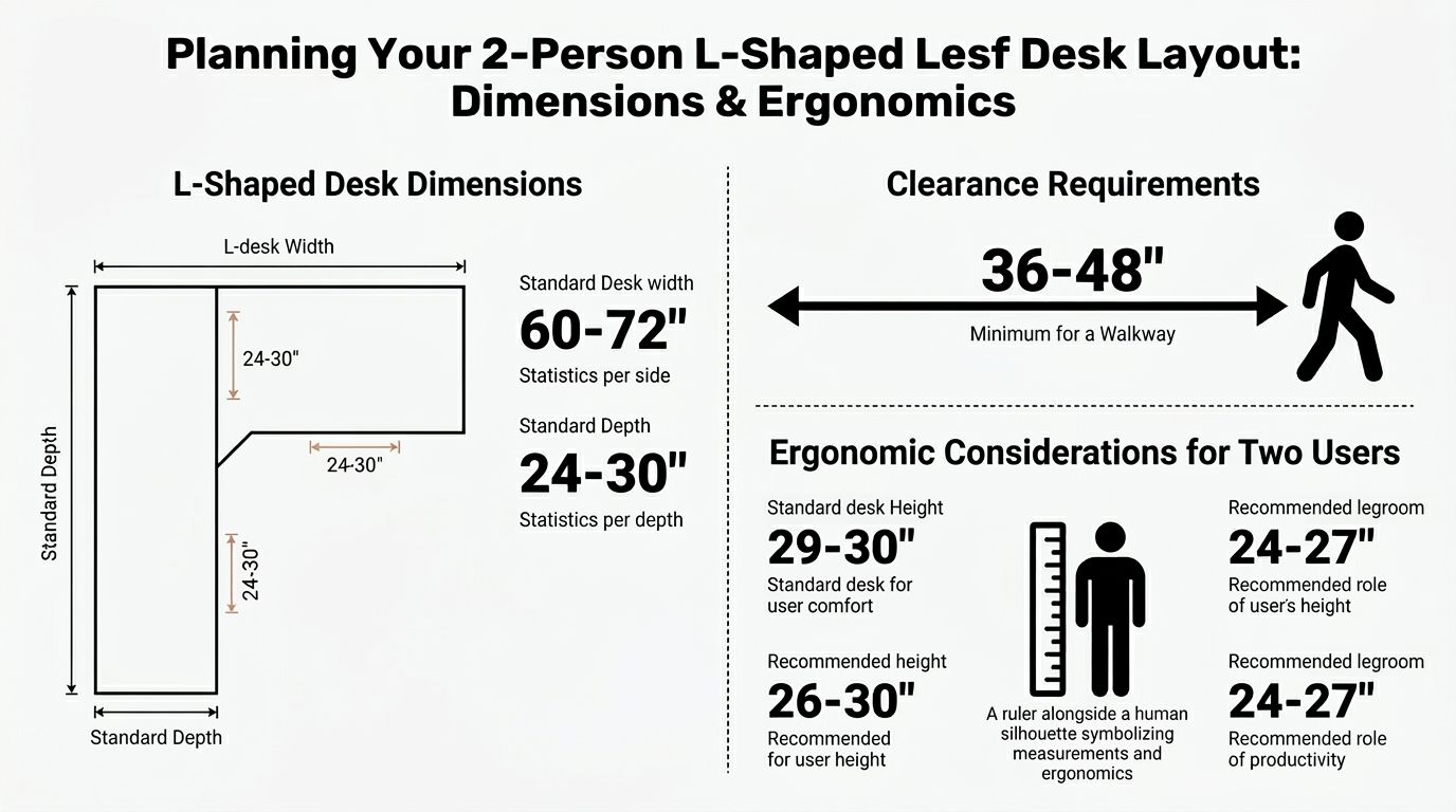 An infographic detailing dimensions and ergonomic requirements for planning a two-person L-shaped office desk setup.