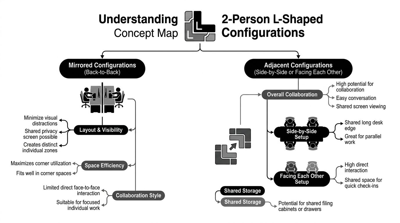 A concept map comparing mirrored and adjacent 2-person L-shaped desk configurations for office layout planning.