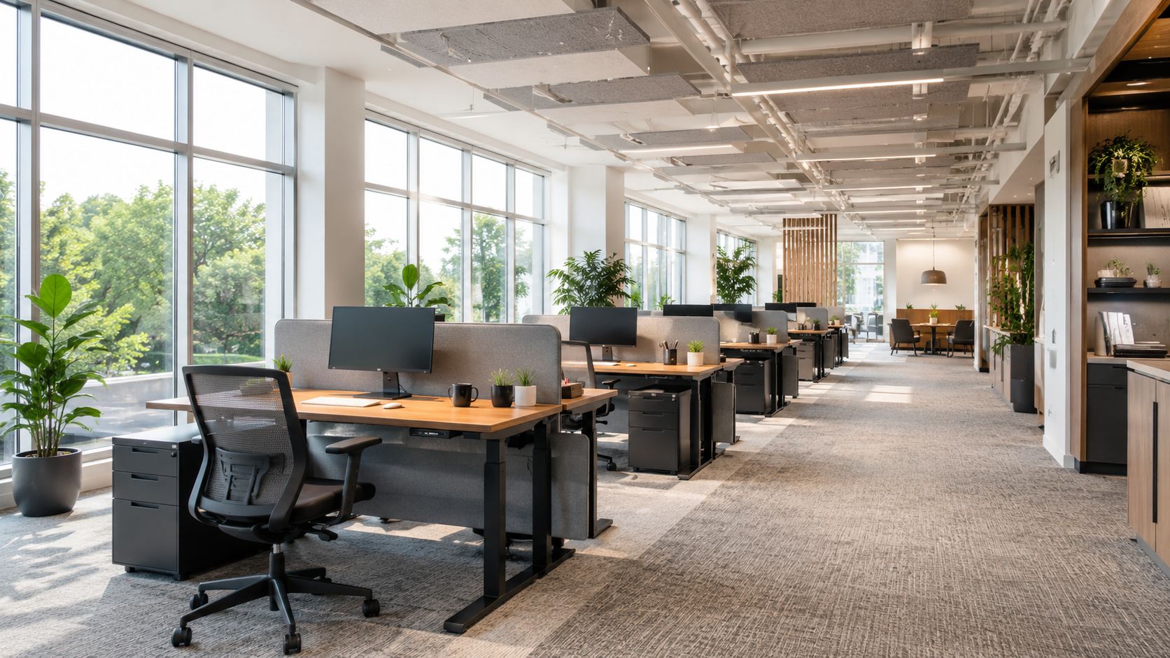 Modern open-plan office with rows of adjustable height executive desks and ergonomic chairs.