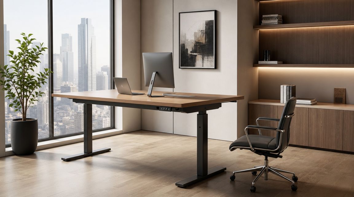 A modern adjustable height executive desk in a professional home office setting with a city view