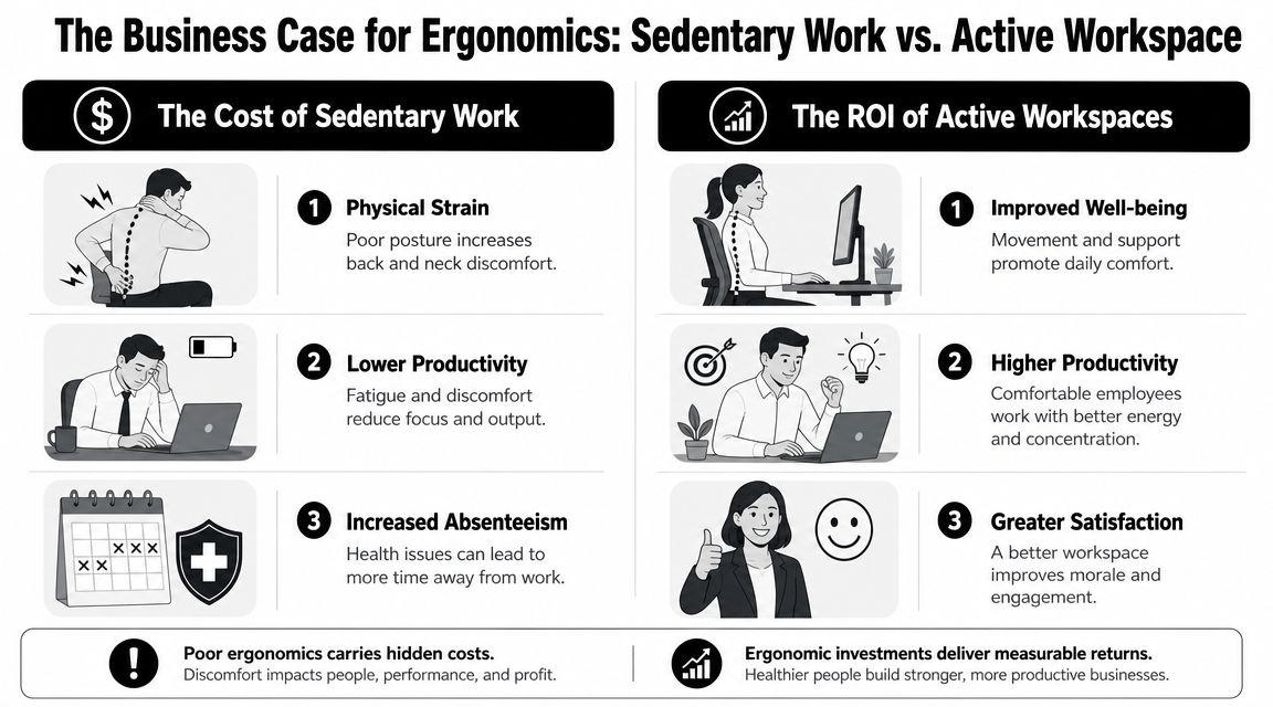 An infographic showing ROI of adjustable height desks through increased productivity and reduced health costs.