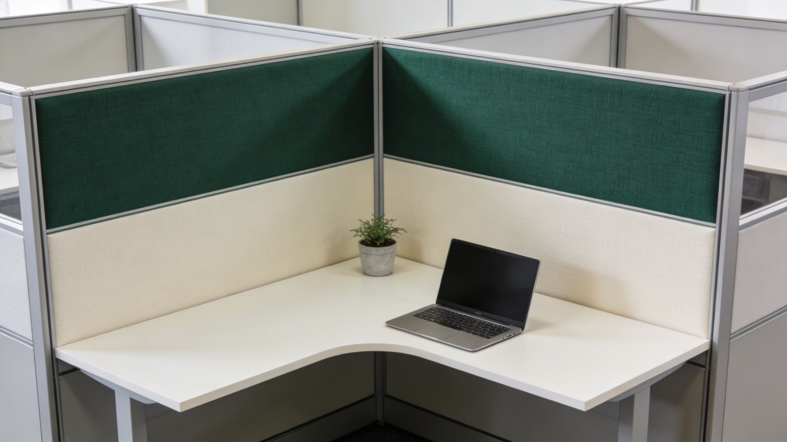 Christmas-ready office cubicle with clean desk and plant set up for seasonal panel styling