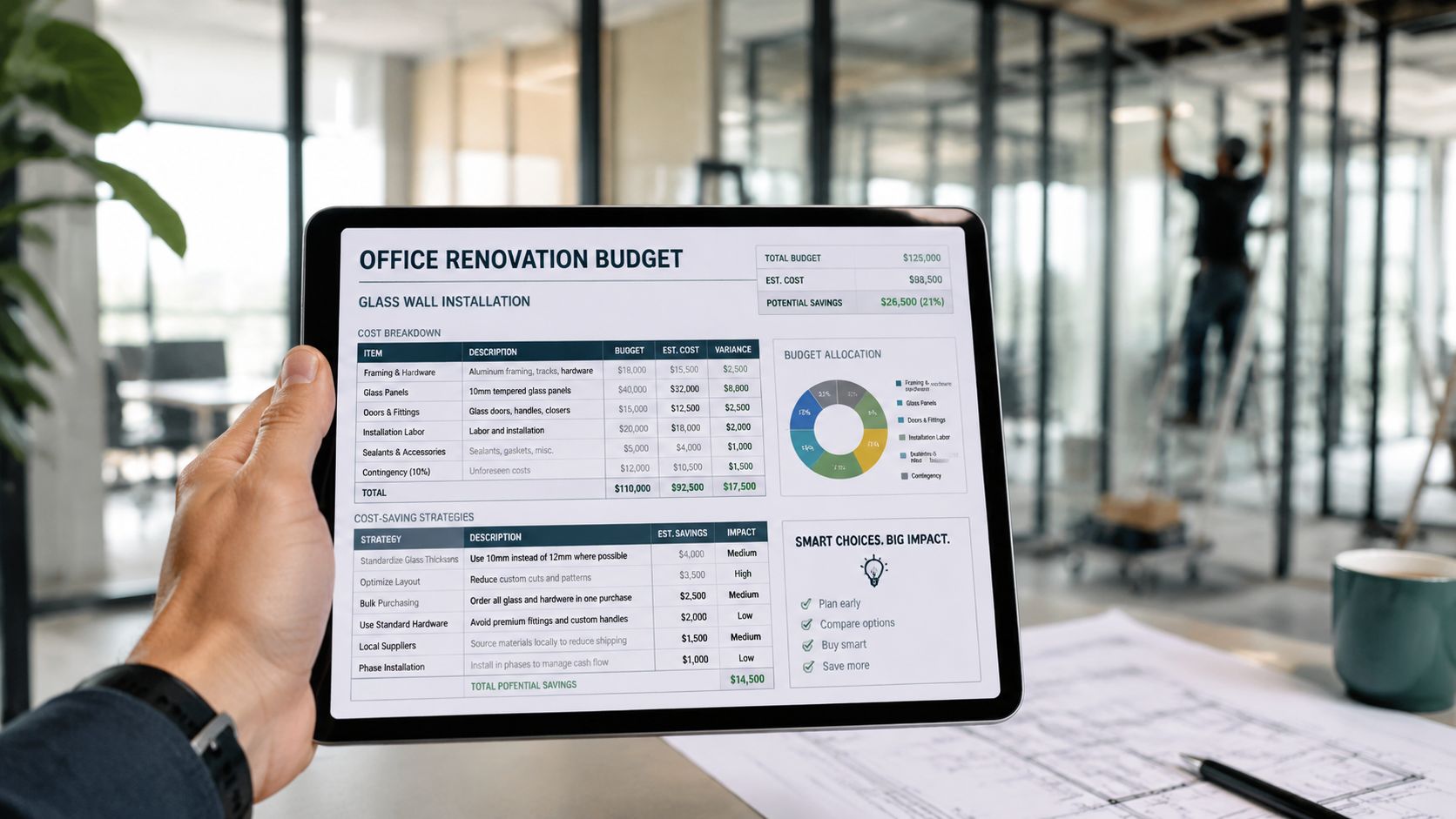 A person holding a tablet displaying a detailed cost analysis for office glass wall renovation projects.