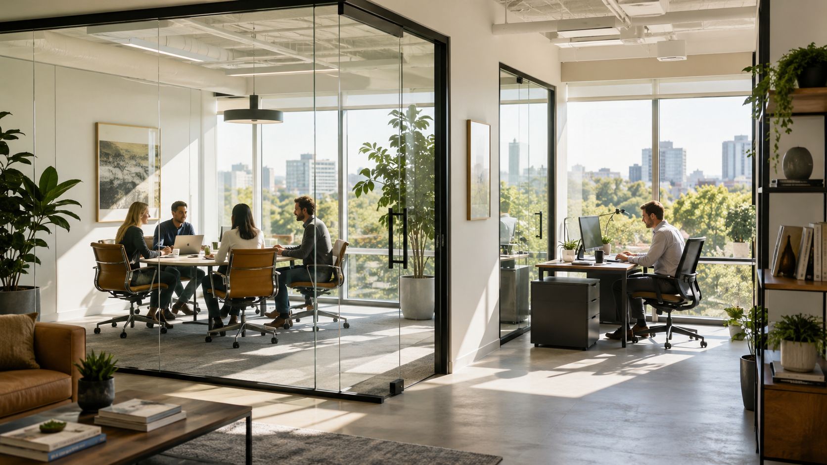A bright, modern office with a glass-walled conference room and a separate workspace overlooking a city skyline.