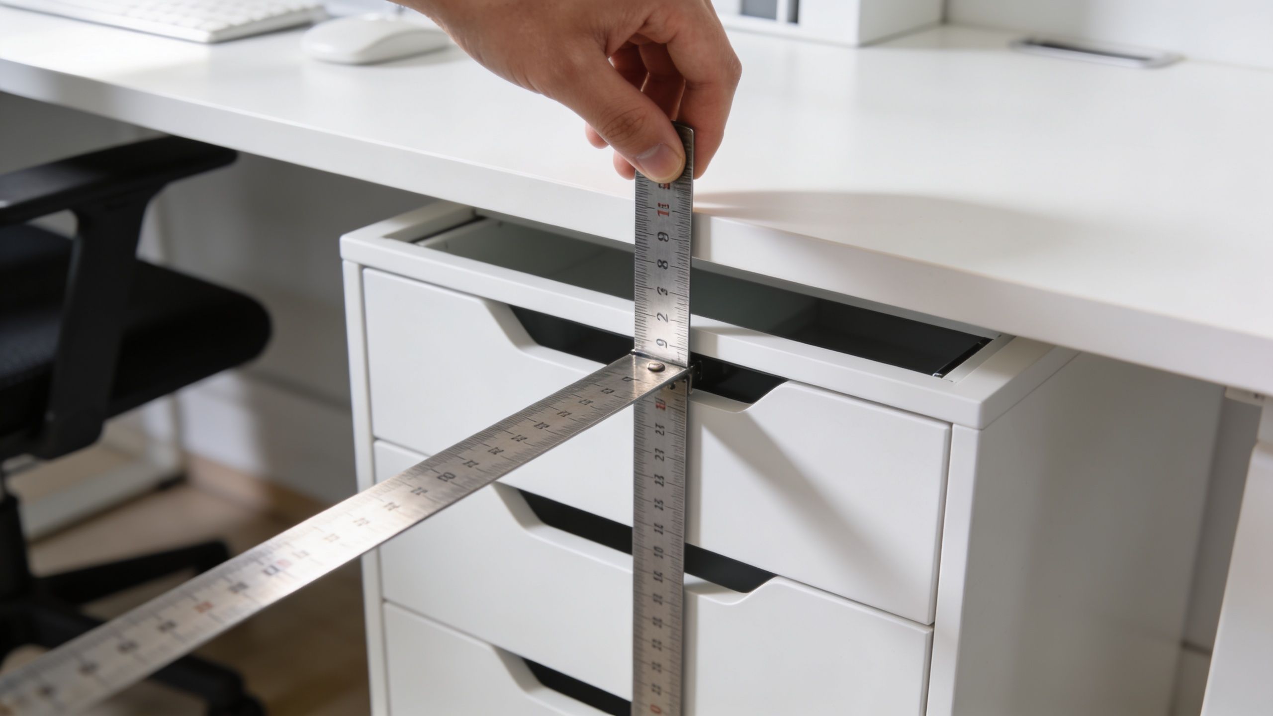 A person using a metal ruler to measure the height of a white drawer unit under a desk.