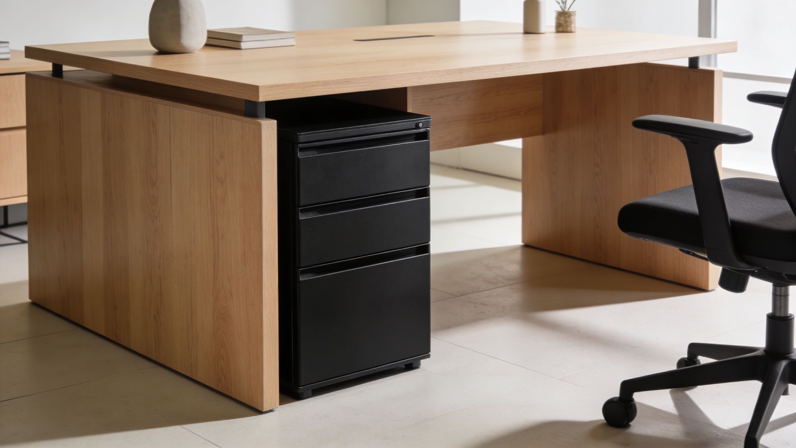 A minimalist wooden desk with a black three-drawer pedestal unit underneath and a black office chair.