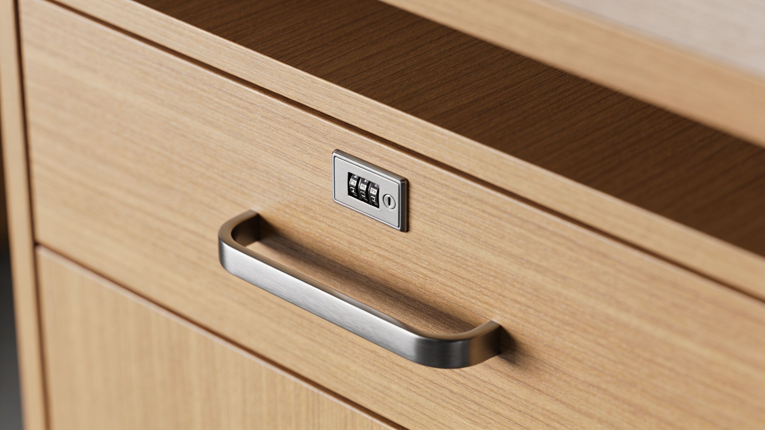 A close-up view of a wooden office drawer unit with a metal handle and a combination lock.