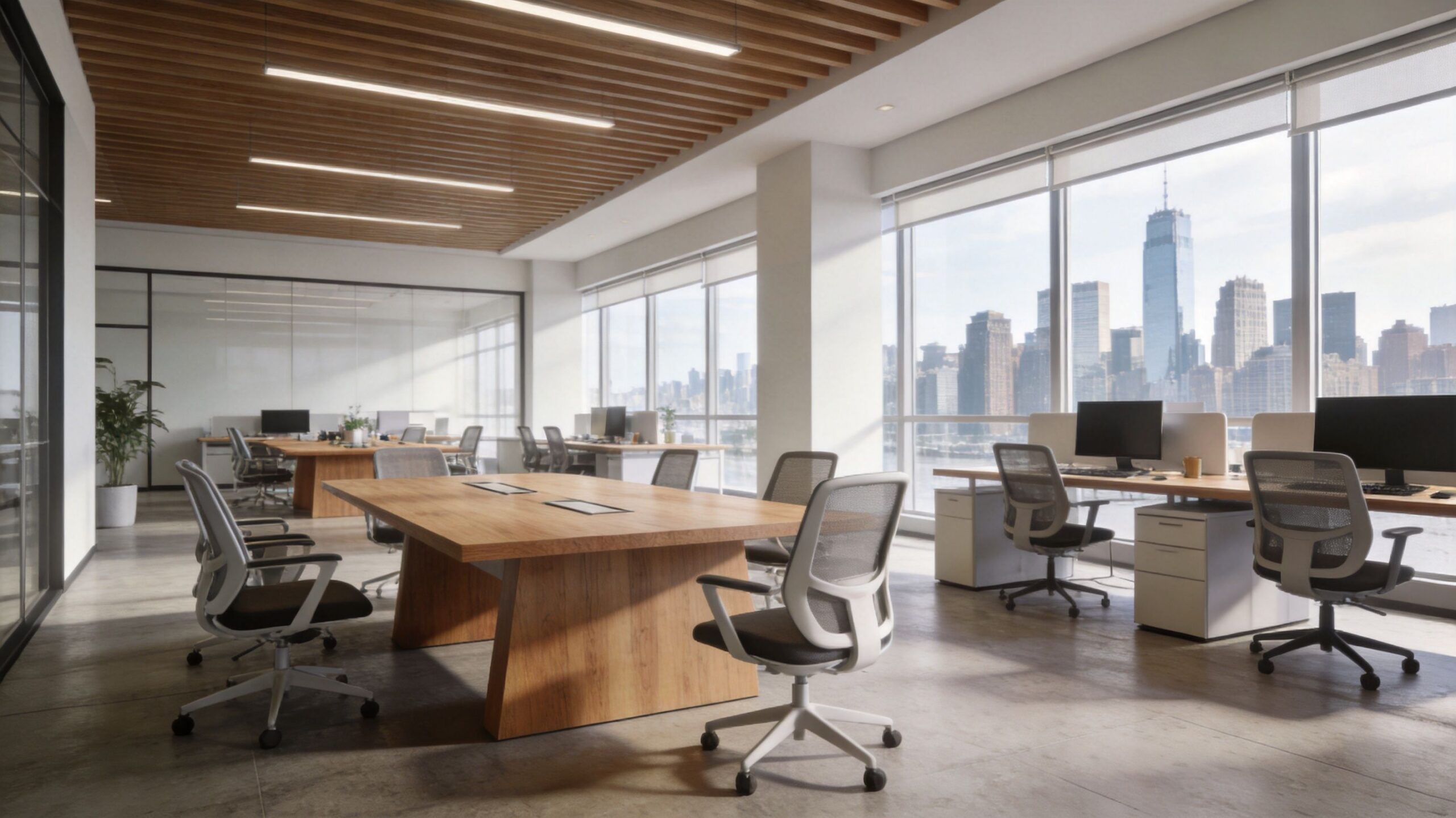 A bright, modern open-plan office space featuring wooden desks, ergonomic chairs, and large windows with city skyline views.