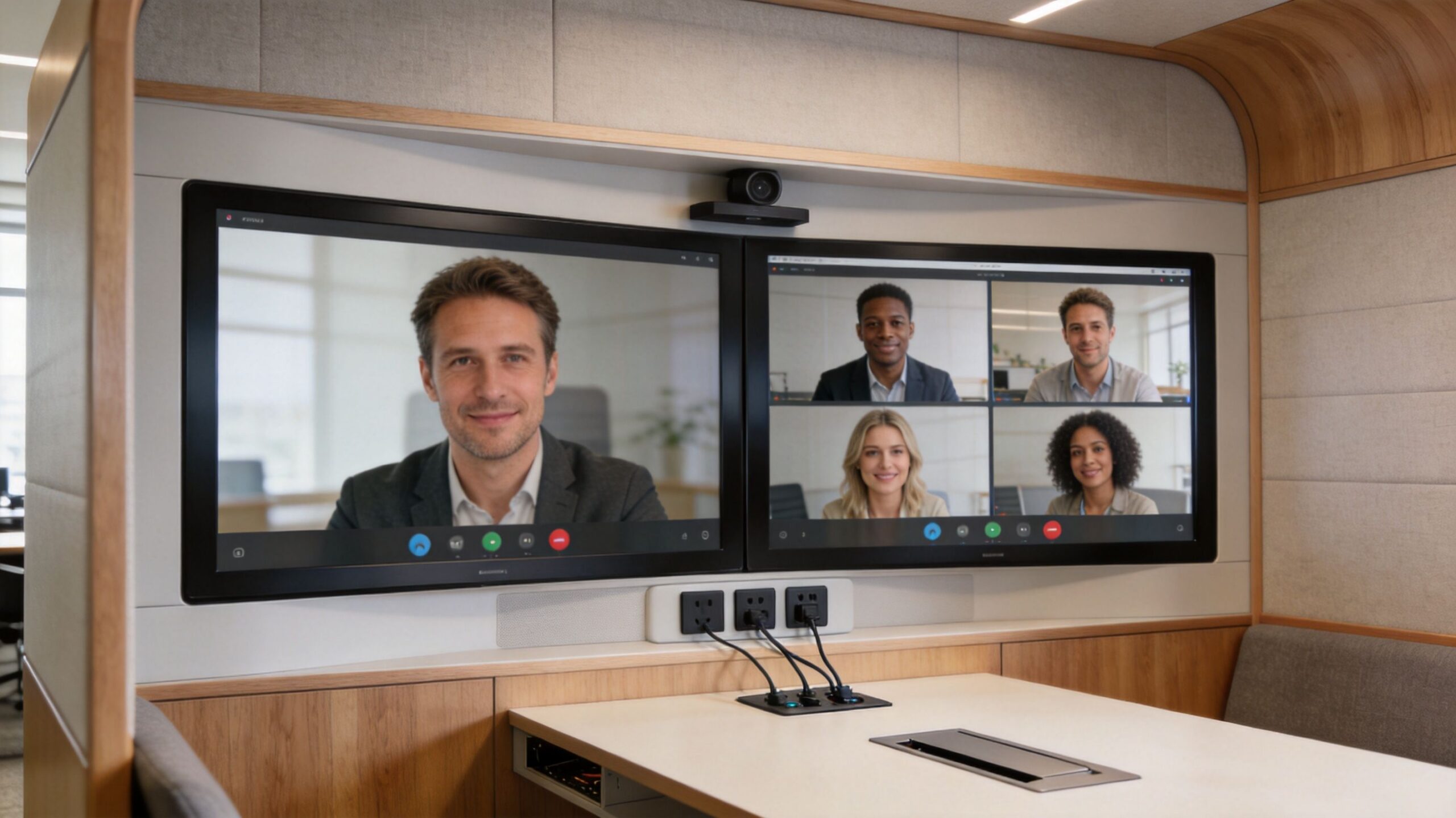 A professional video conferencing room featuring dual large screens displaying a virtual meeting with five colleagues.