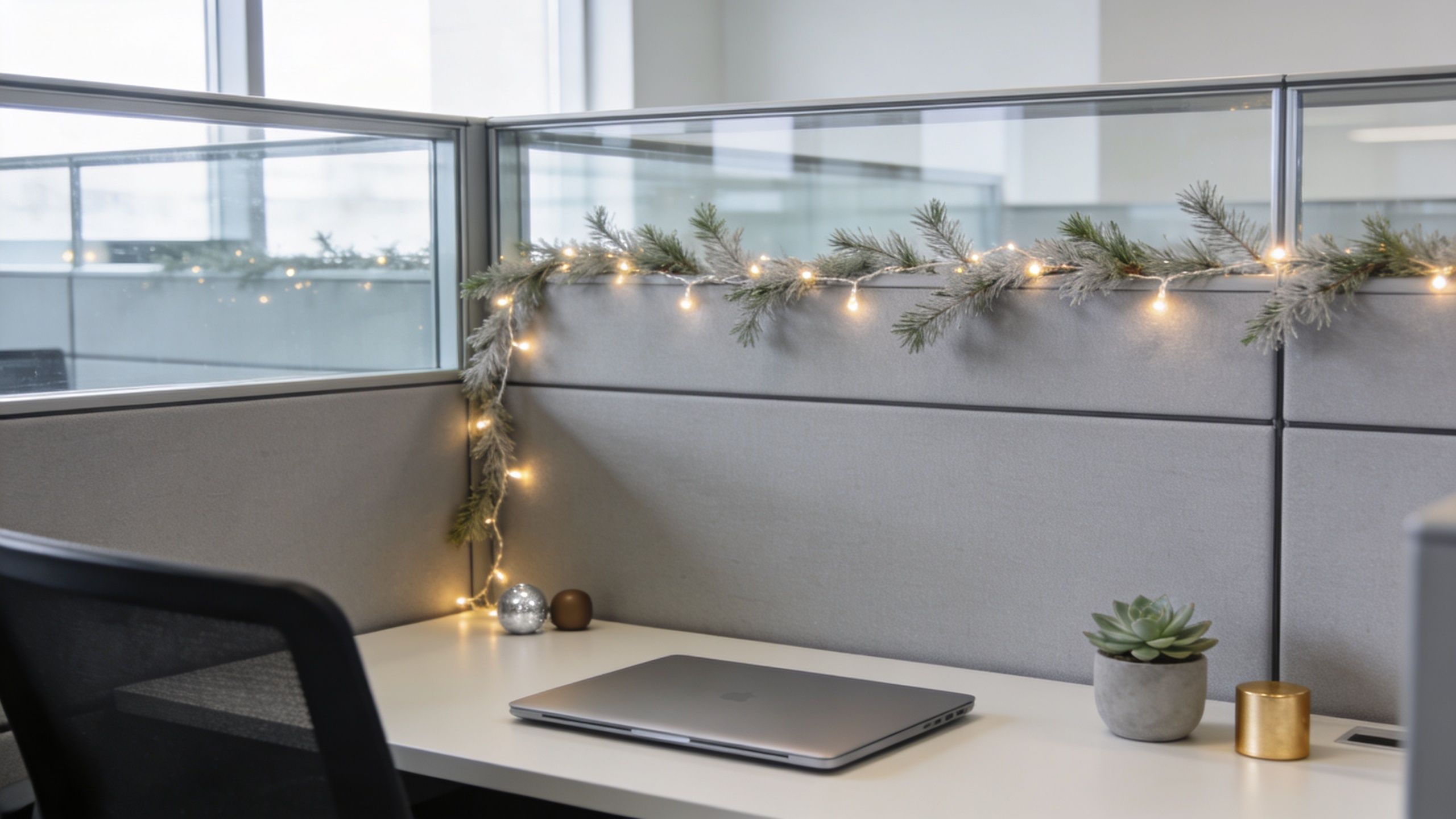 A modern office cubicle decorated for the holidays with pine garlands, string lights, and a laptop desk.