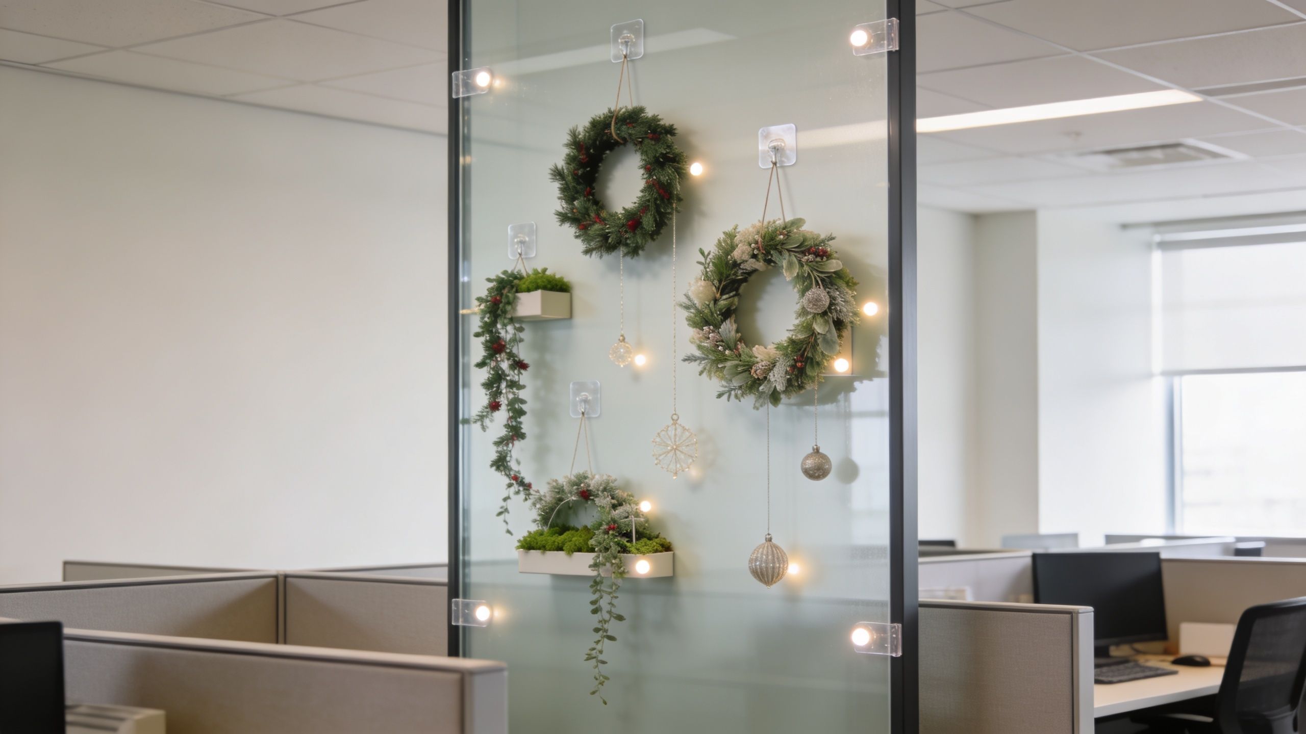 A glass office partition decorated with festive Christmas wreaths and hanging ornaments in a professional workspace.