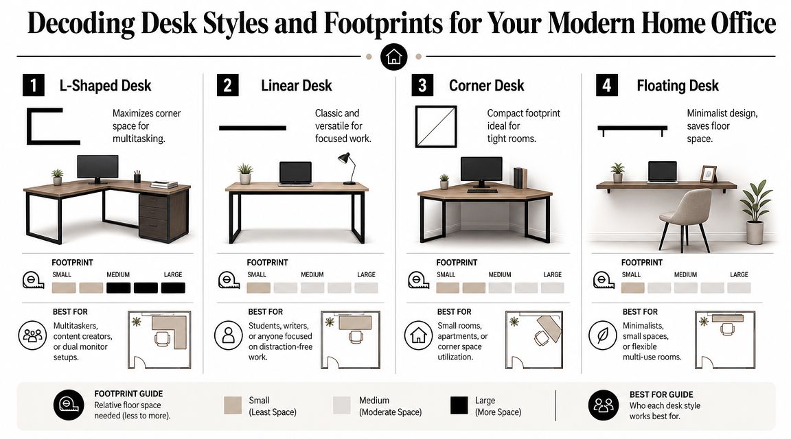 A comparison infographic showing four types of modern home office desks with their footprints and uses.