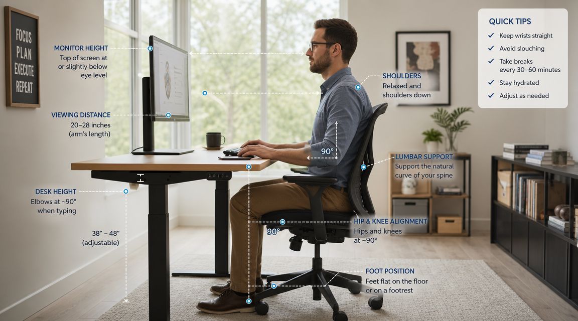 An infographic showing proper ergonomic posture and desk setup for working at a computer in an office.