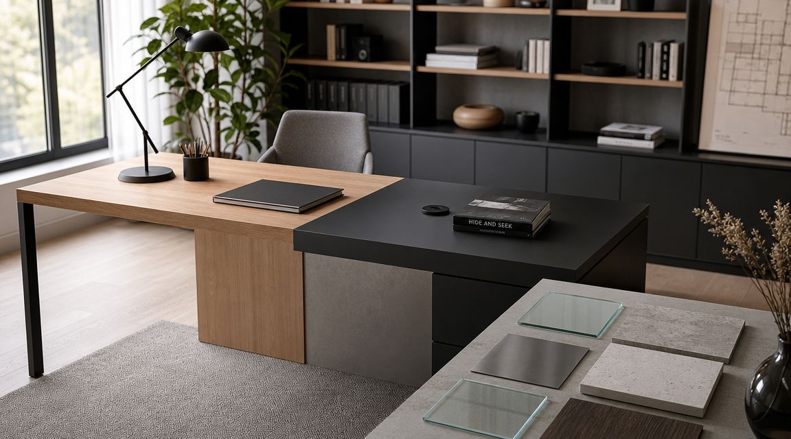 A modern home office setup featuring a dual-tone executive desk with material samples on a side table.