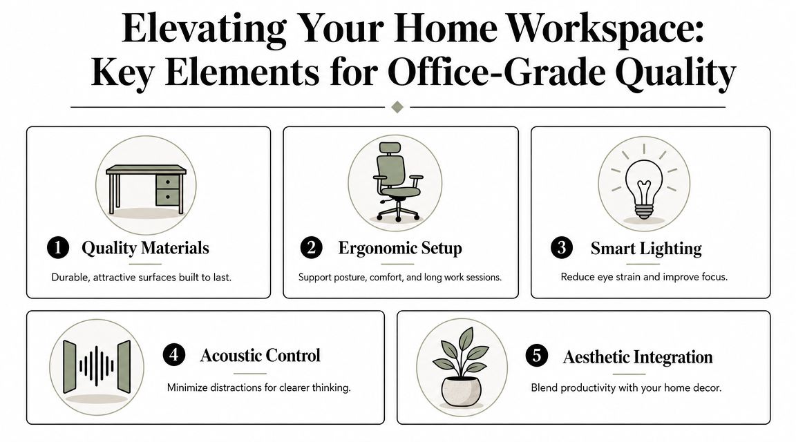 A five-point infographic titled Elevating Your Home Workspace featuring desk, chair, light, sound, and plant icons.