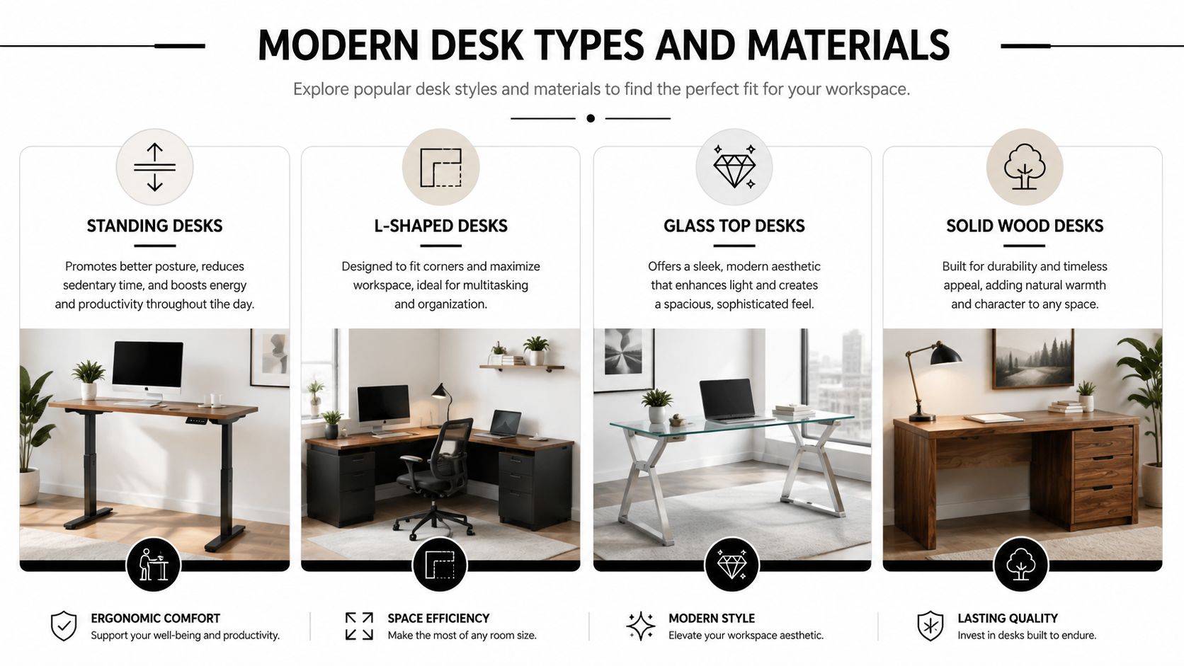A visual guide comparing four modern desk types including standing, L-shaped, glass top, and solid wood desks.