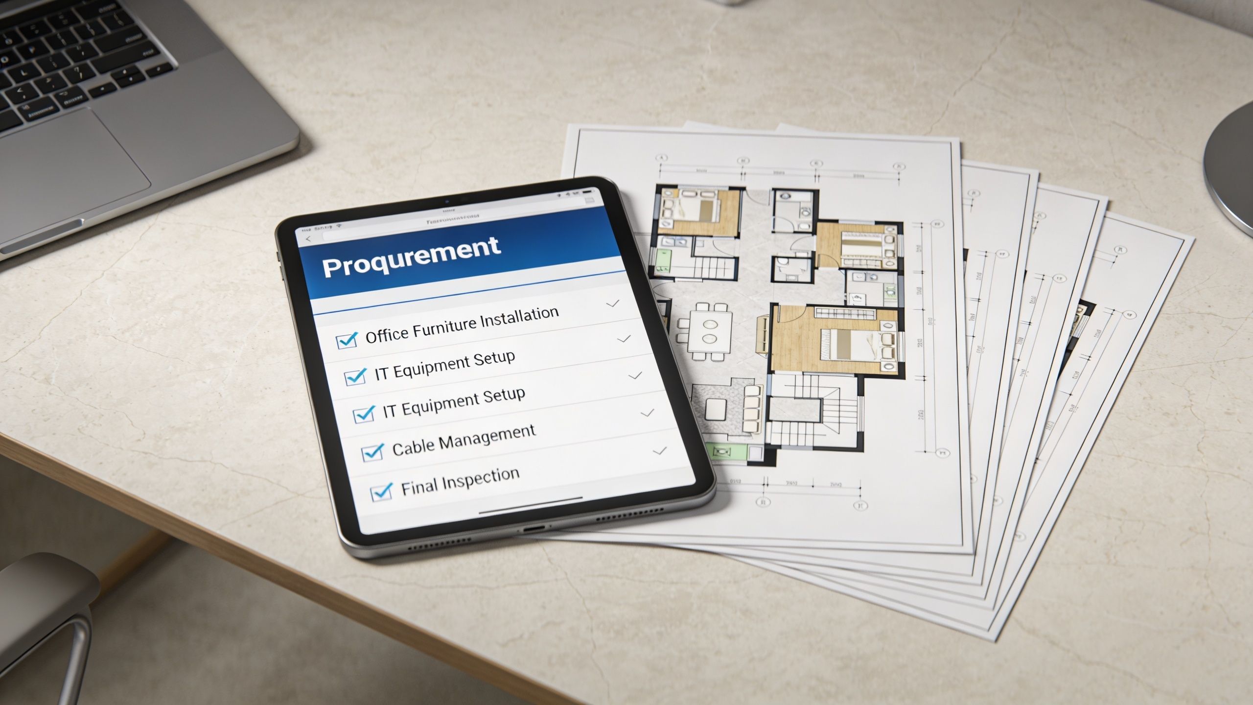A tablet displaying a procurement checklist alongside architectural floor plans and a laptop on a desk.