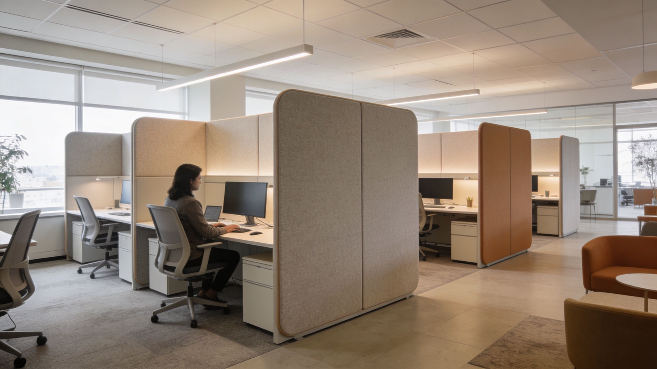 An employee working at a computer in a modern open-plan office with privacy partitions.