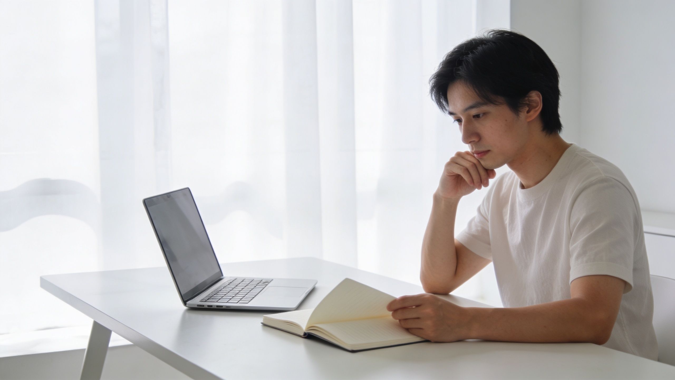 A young man sits at a minimalist white desk, reviewing notes next to his open laptop.