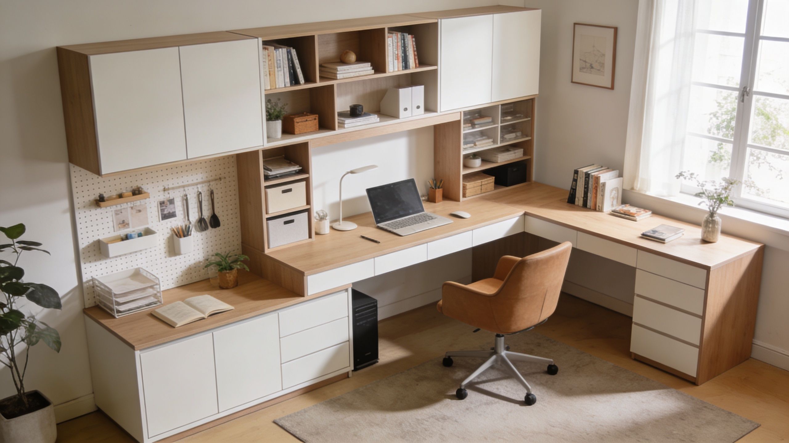 A bright, modern home office space featuring a large L-shaped wooden desk and integrated storage shelves.