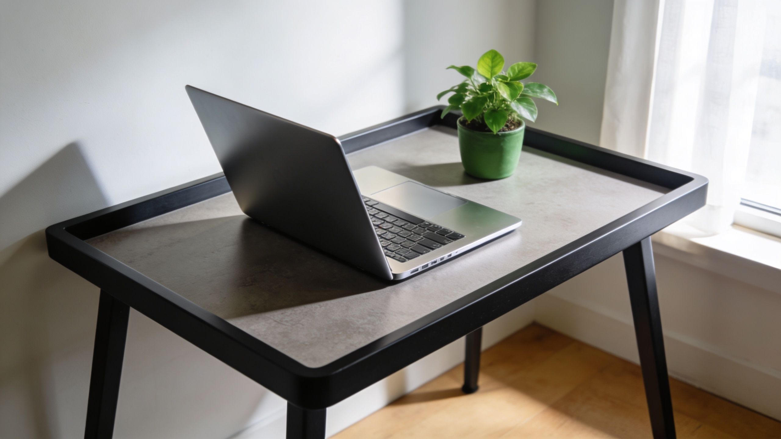 A modern desk with a laptop and a small green plant placed near a window with sunlight.