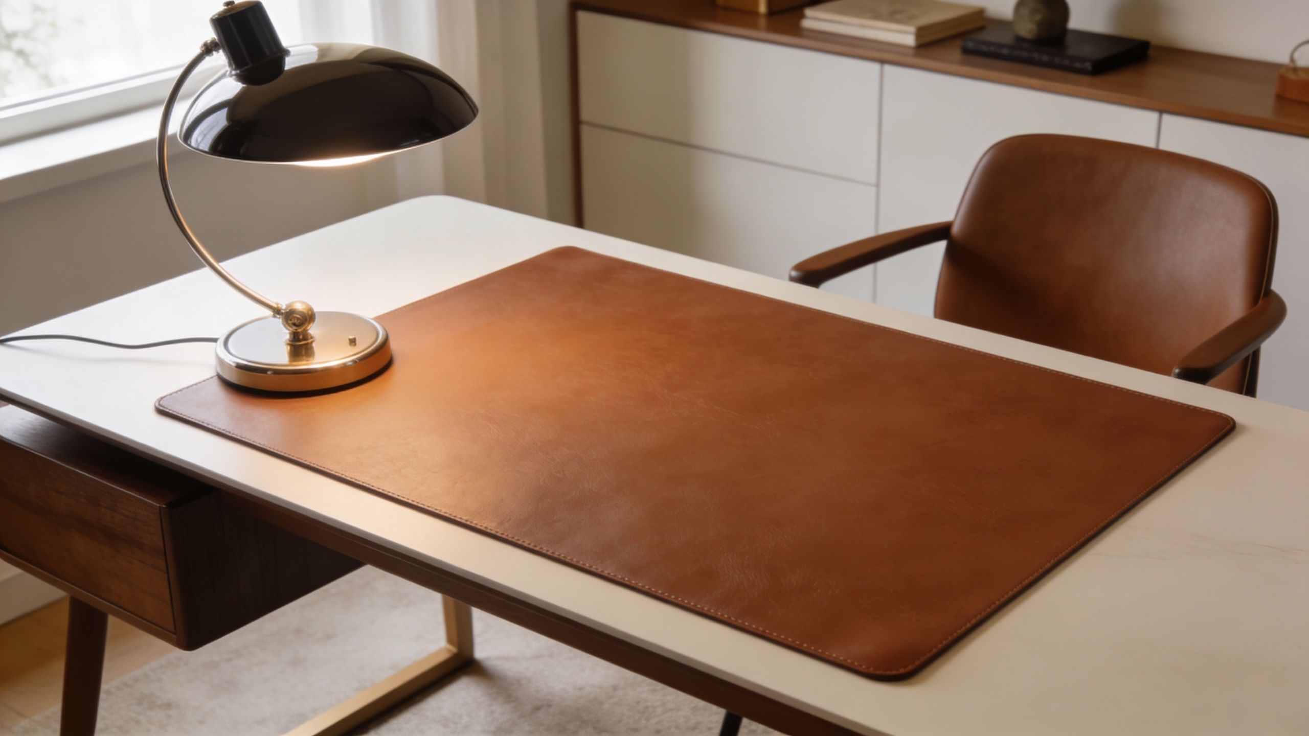 A minimalist white desk with a leather mat, a modern black lamp, and a brown leather chair.