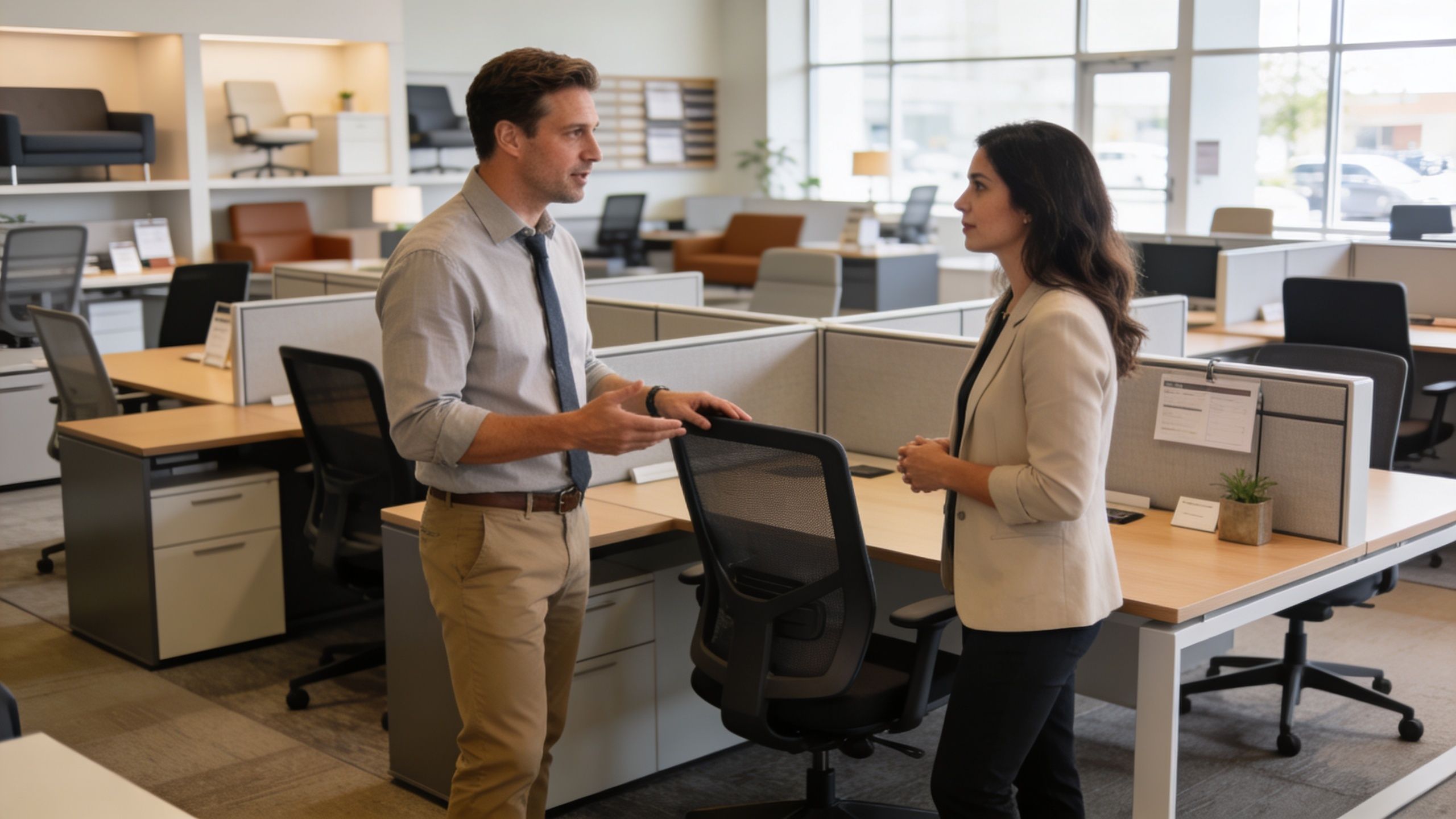 A professional man and woman talking in a modern, well-lit office showroom filled with various desks and chairs.