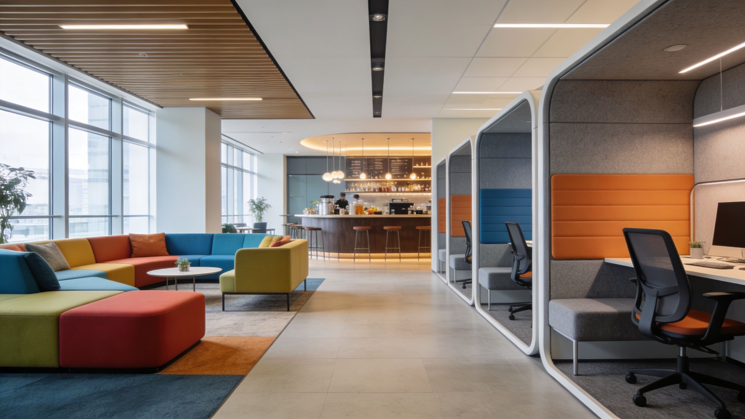 A modern office space featuring colorful modular sofa seating and private acoustic cubicles for focused work.