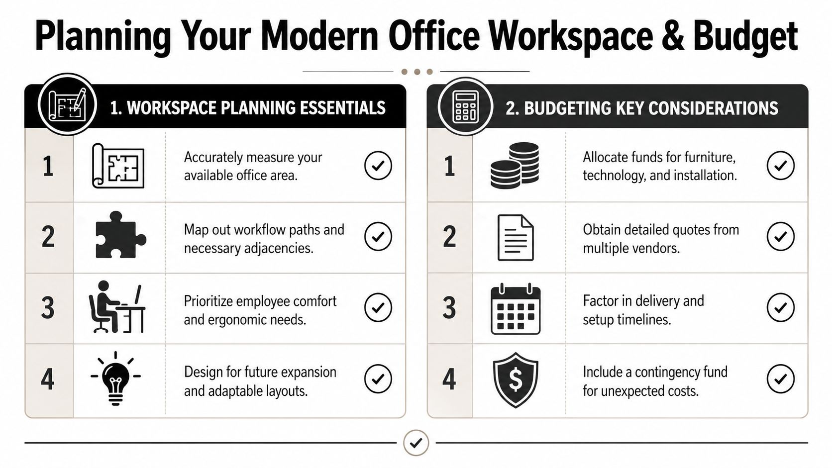A professional infographic outlining four essential steps for modern office workspace planning and budgeting considerations.