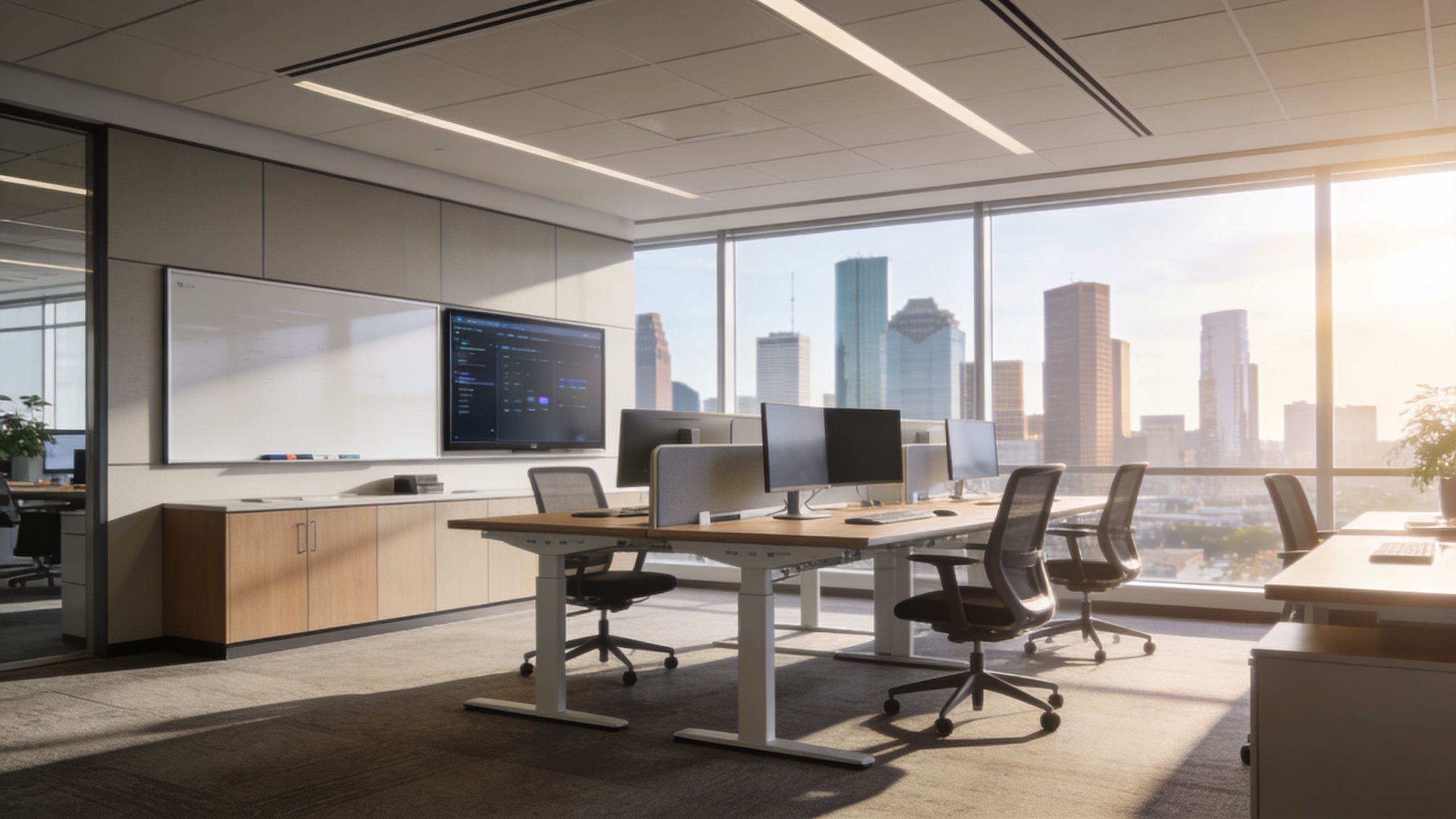 A bright, modern office with desks, ergonomic chairs, and expansive windows offering a scenic Houston city skyline view.