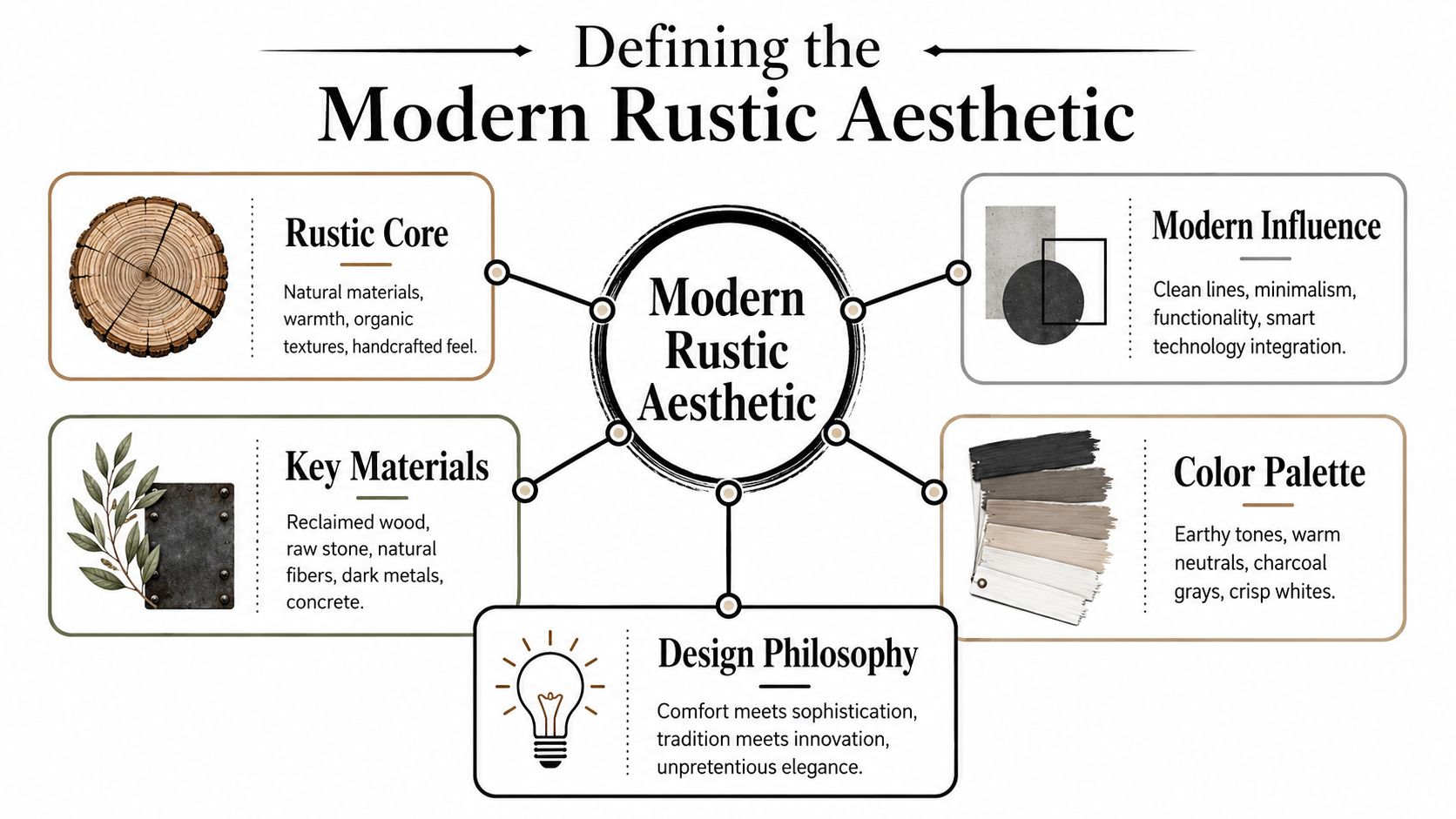 A diagram defining the modern rustic aesthetic, highlighting key materials, design philosophy, and core style influences.