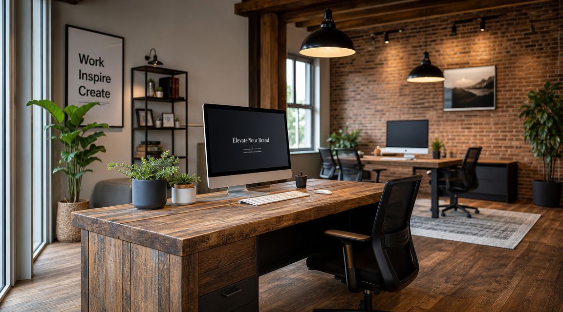 A stylish modern rustic office workspace with wooden desks, ergonomic chairs, and industrial decor elements.