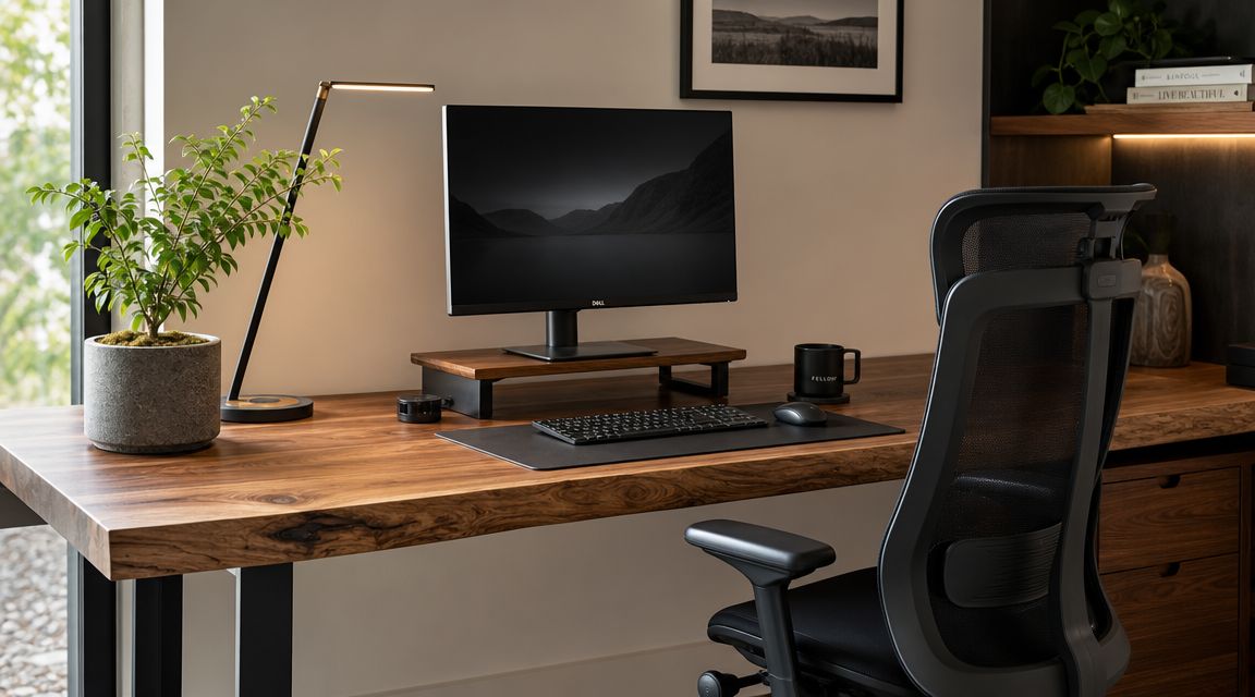 A modern rustic home office workspace featuring a wooden desk, ergonomic chair, and a Dell monitor.