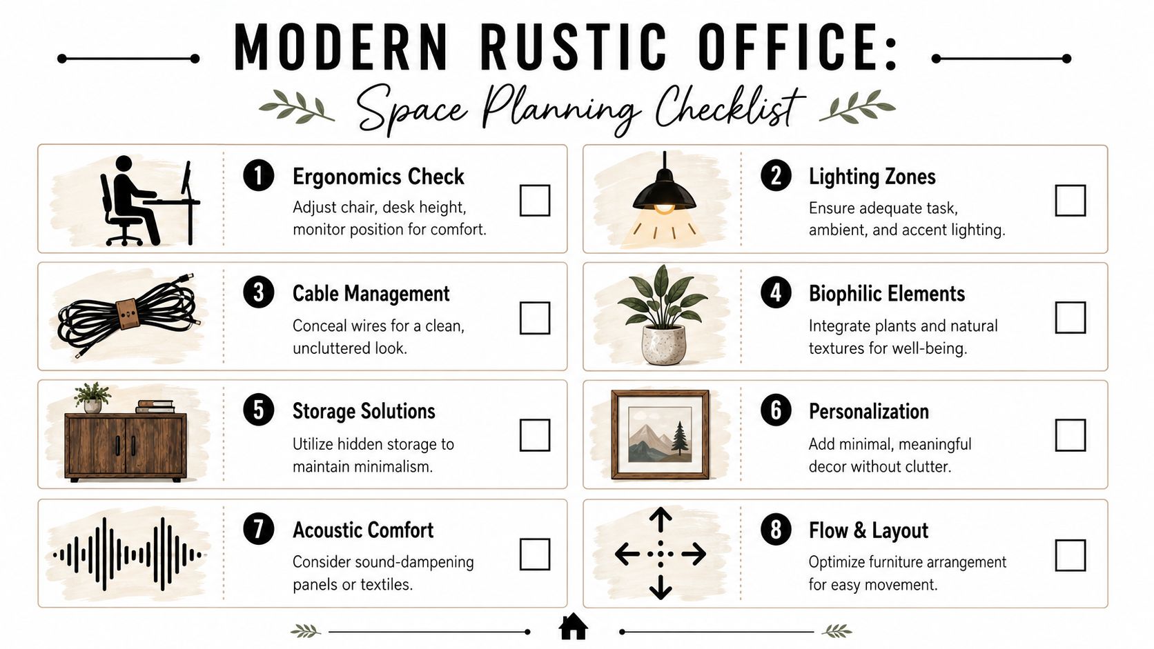 A checklist for a modern rustic office showing eight design and organizational planning tips for workspace.