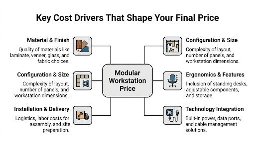 A diagram outlining the key cost drivers that affect the final price of a modular workstation system.
