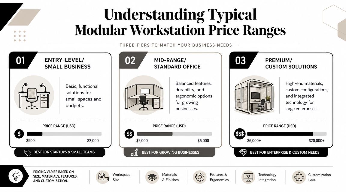 An infographic showing three price tiers for modular workstations, ranging from entry-level to premium custom office solutions.