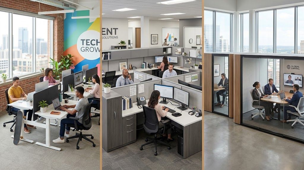 A three-panel image showcasing modern office environments with collaborative workspaces, cubicles, and private meeting pods.