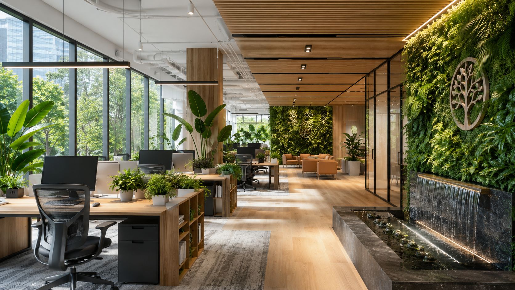 A modern office space featuring lush vertical gardens, a sleek indoor water feature, and ergonomic wooden workstations.