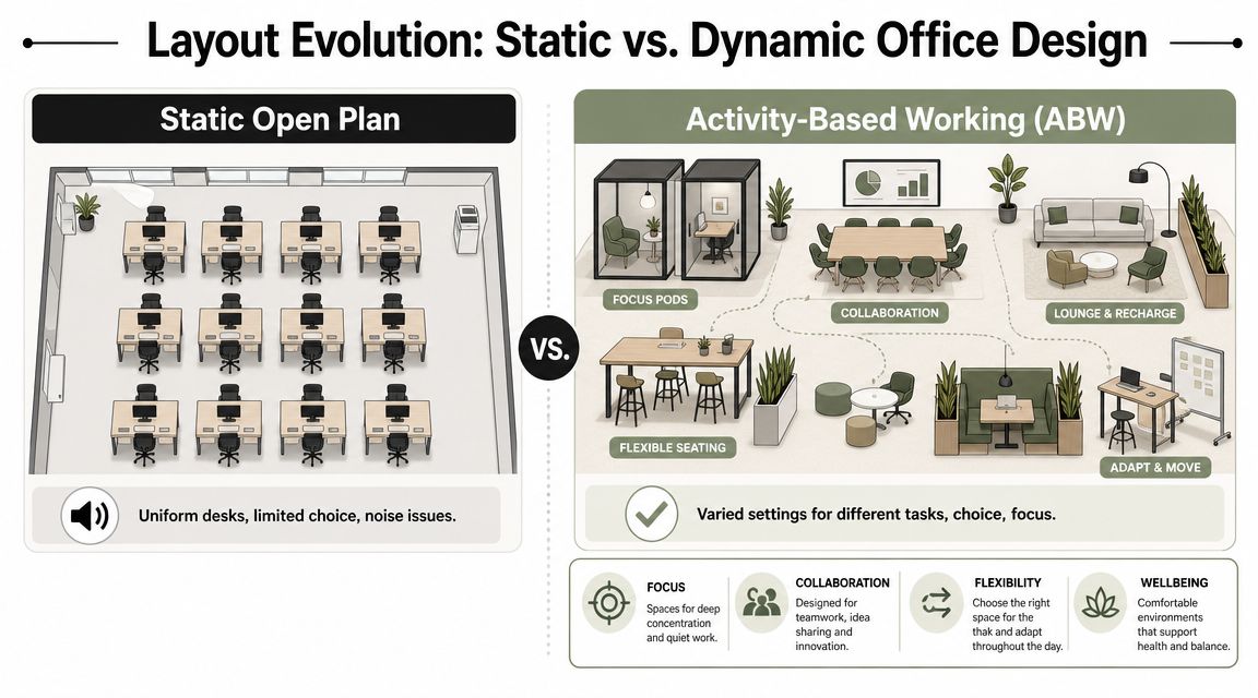An infographic comparing a traditional static open office plan layout with a dynamic activity-based working environment.