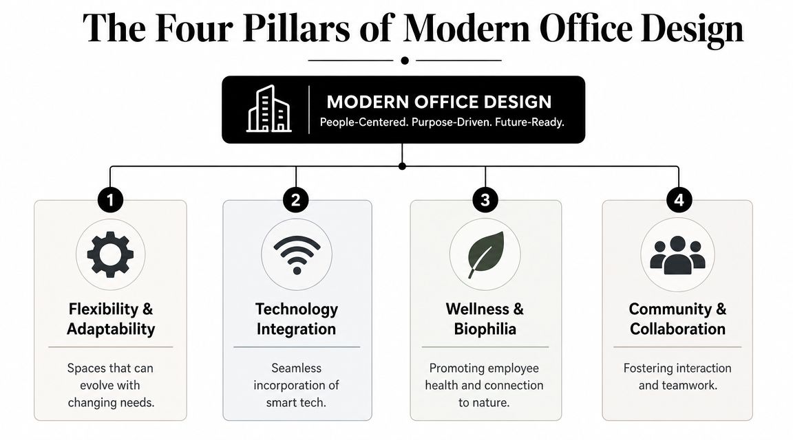 A diagram illustrating the four pillars of modern office design: flexibility, technology, wellness, and community.