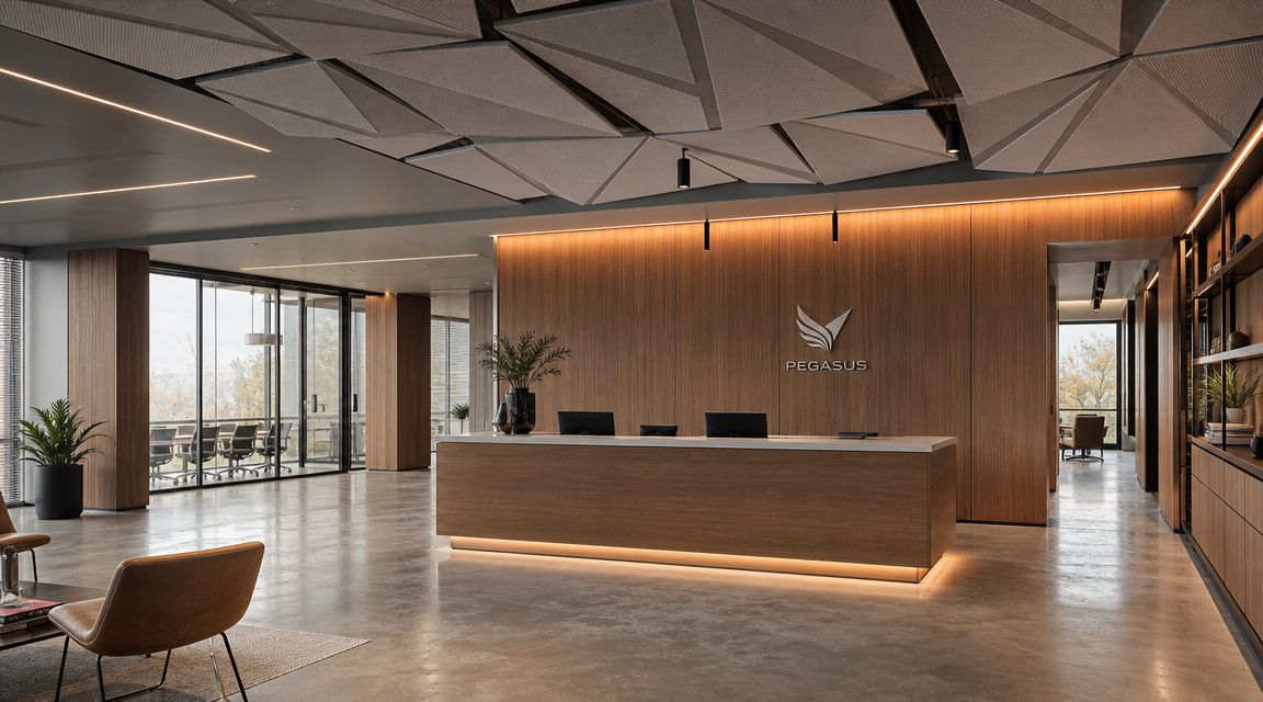 A modern, minimalist office reception area featuring a wood paneled desk with a Pegasus logo on the wall.