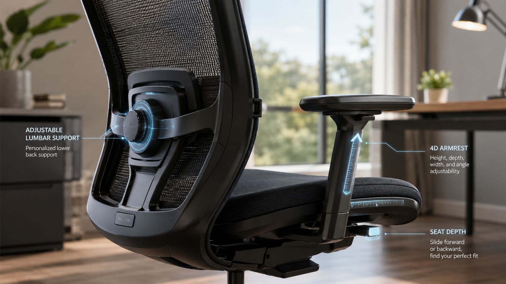 A close-up view of an ergonomic office chair highlighting adjustable features like lumbar support and 4D armrests.