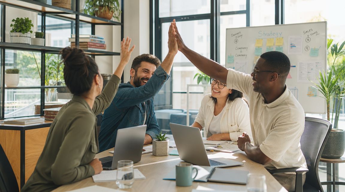 A diverse team of professionals giving each other a high five in a modern, bright office space.