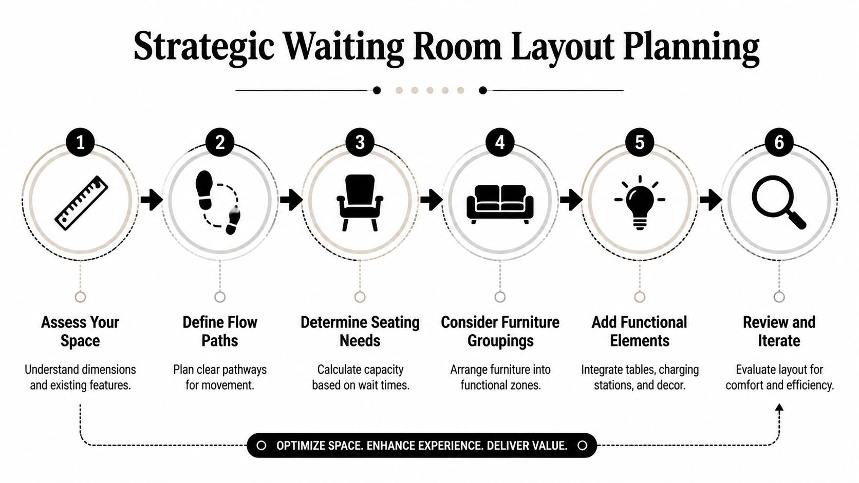 A six-step infographic illustrating a strategic planning process for optimizing office waiting room furniture layouts.