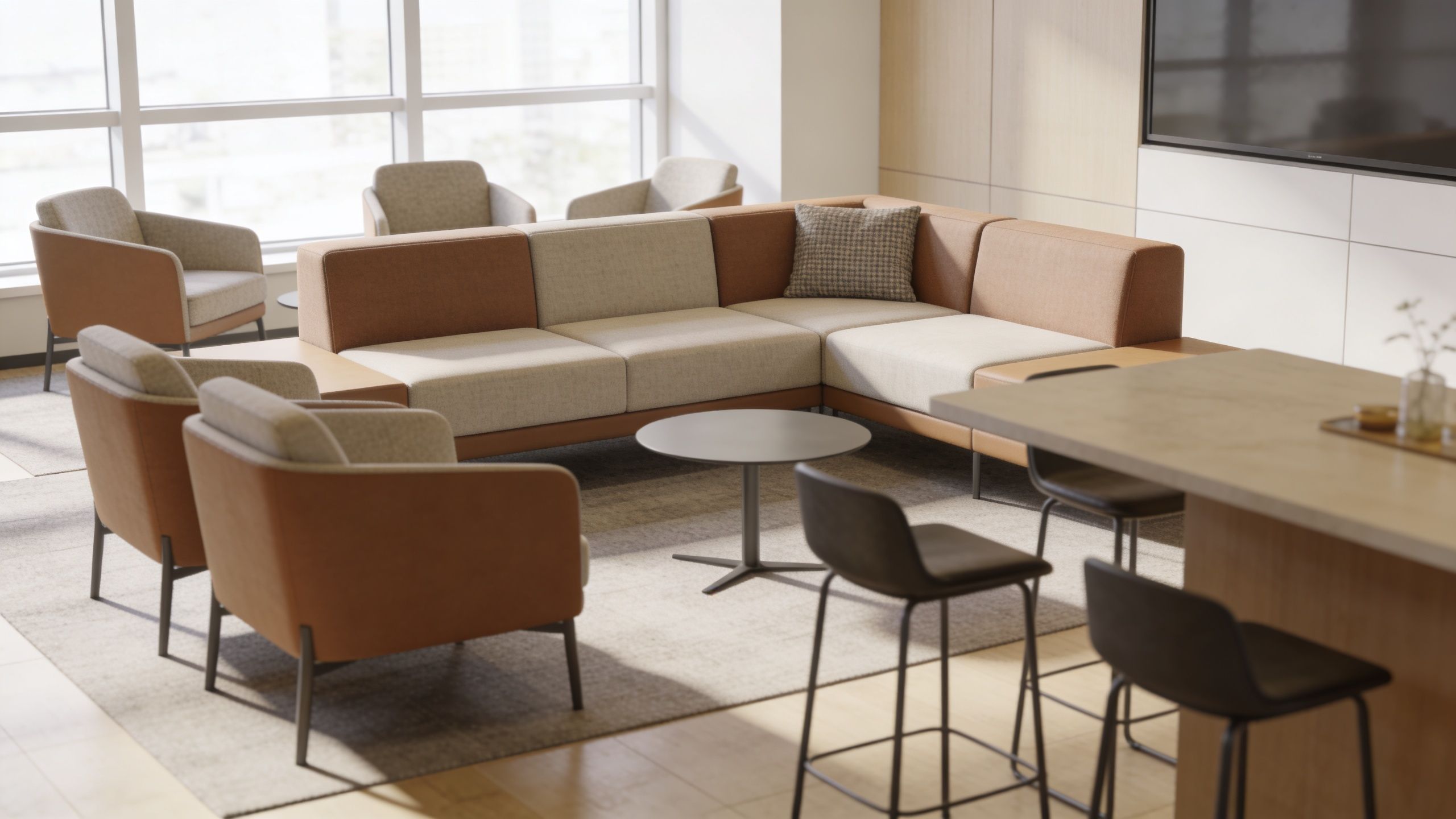 A modern, bright office waiting room featuring a comfortable modular sofa, armchairs, and a high-top counter area.