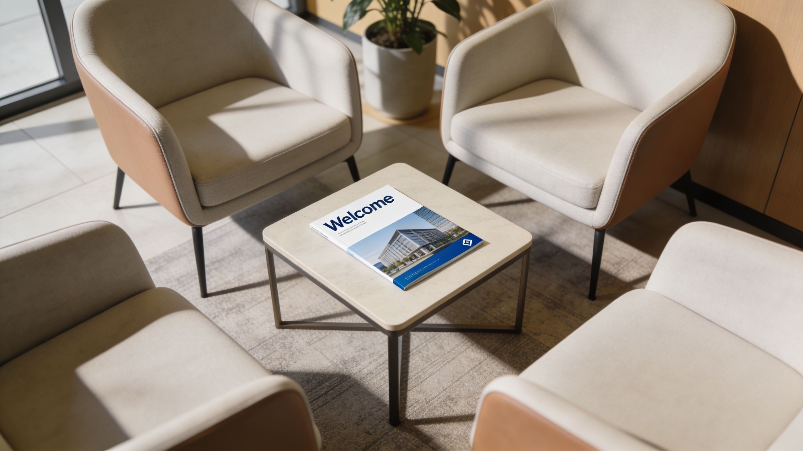 Four modern armchairs arranged around a square marble coffee table featuring a welcome brochure in a waiting area.