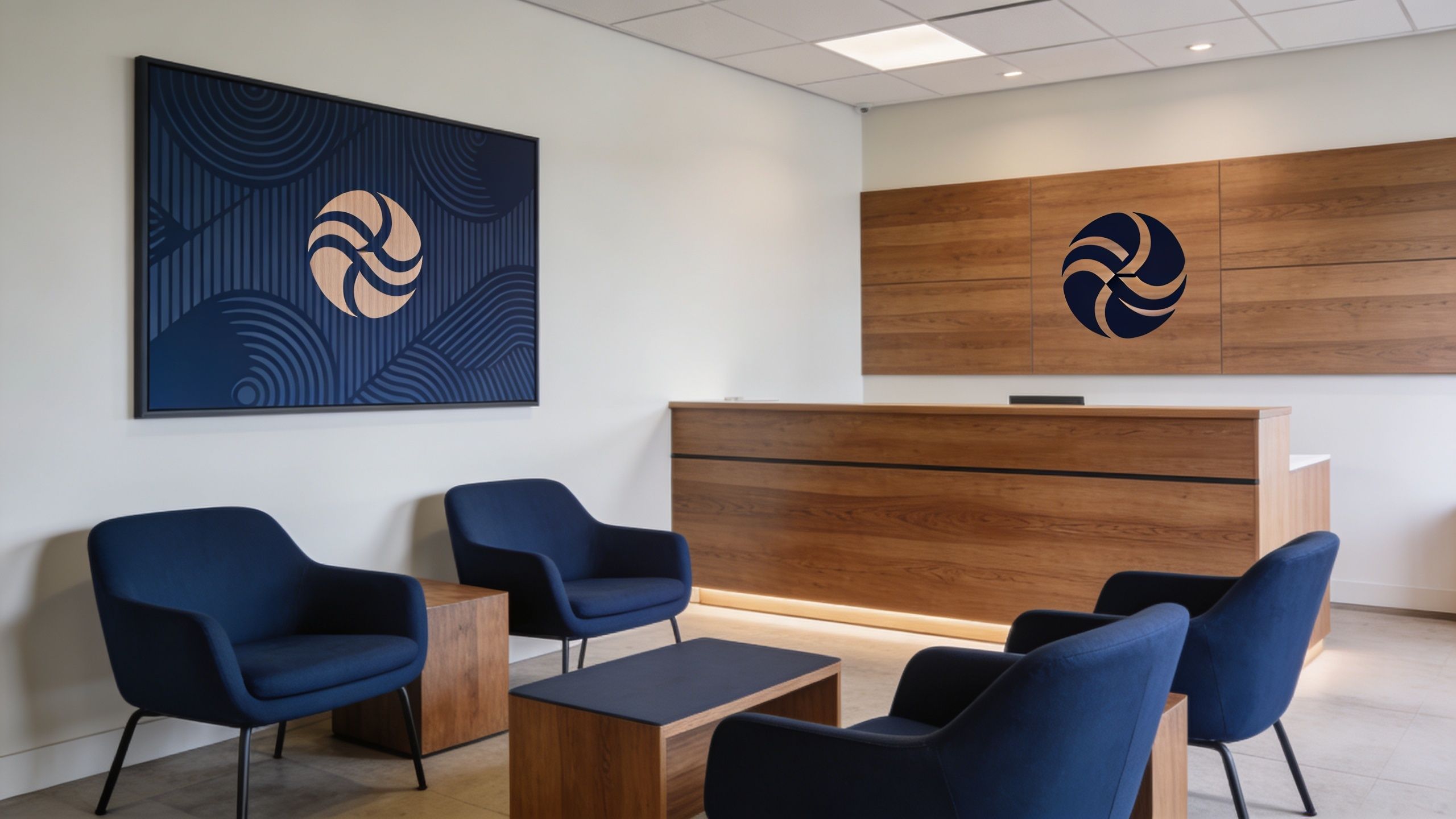 A modern corporate reception area with navy blue armchairs, a wooden desk, and minimalist wall decor.