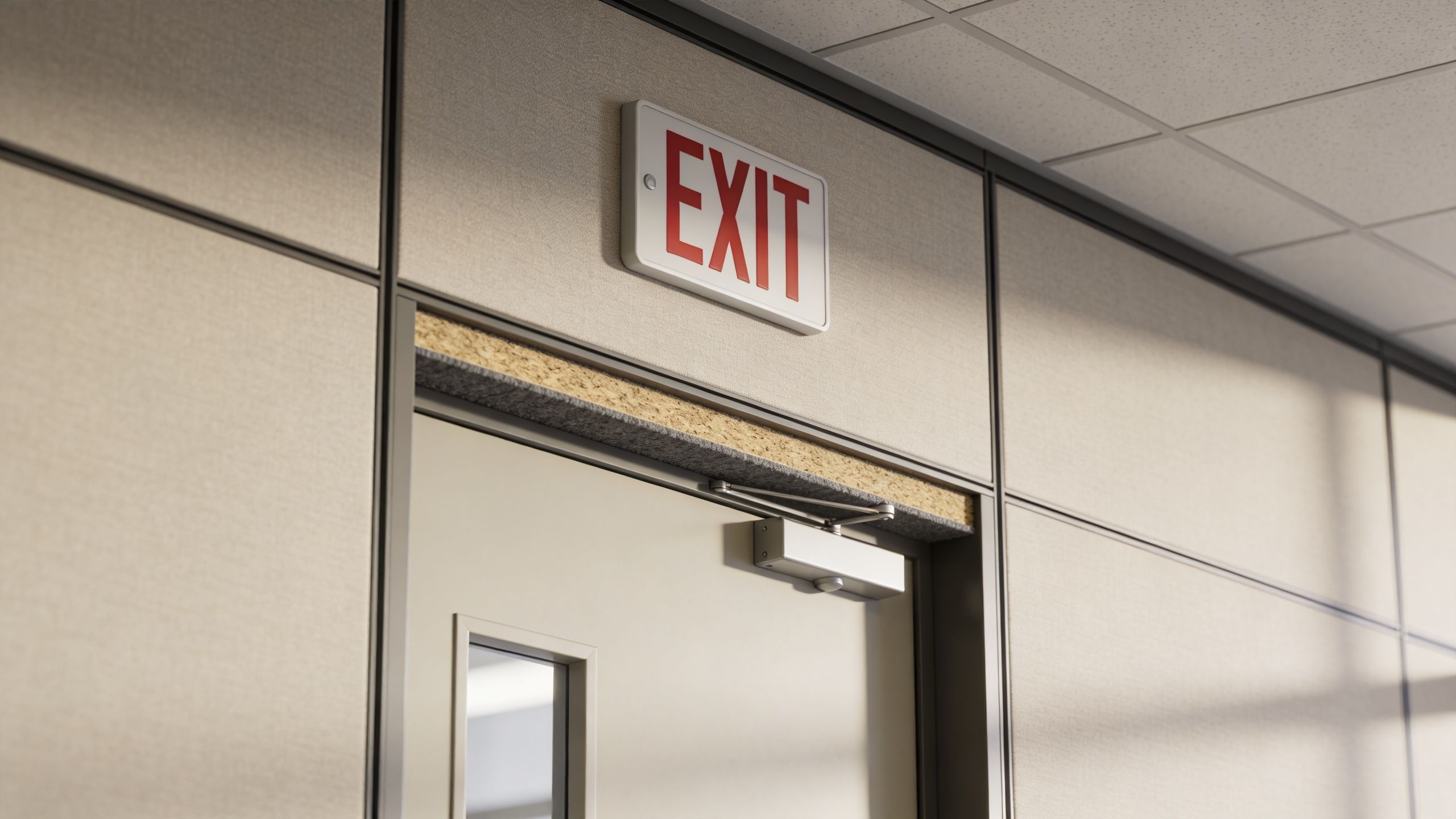 A professional office door equipped with a hydraulic closer and an illuminated red exit sign above it.