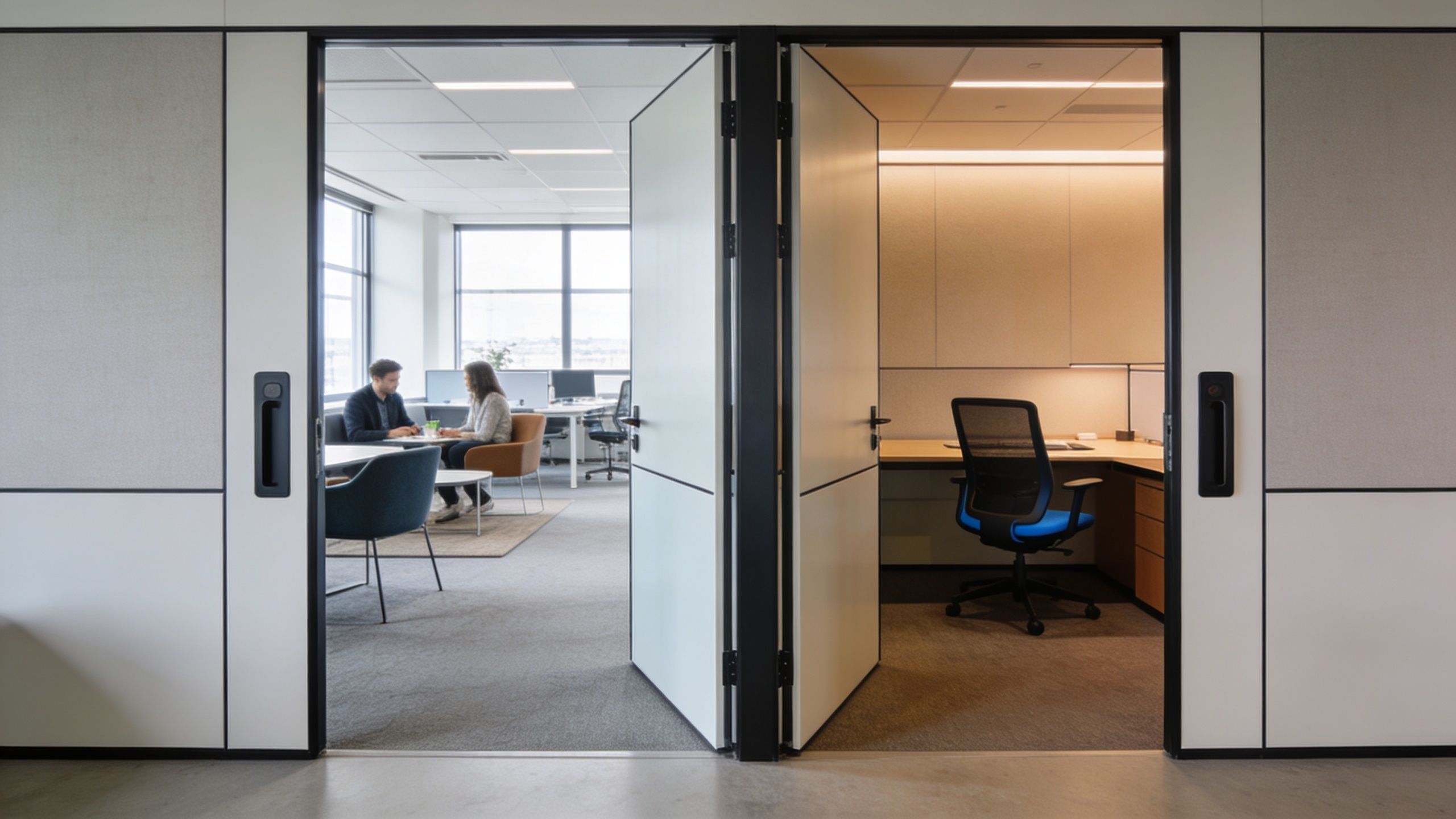 A modern office space featuring open-plan workstations and a private office separated by sleek glass doors.