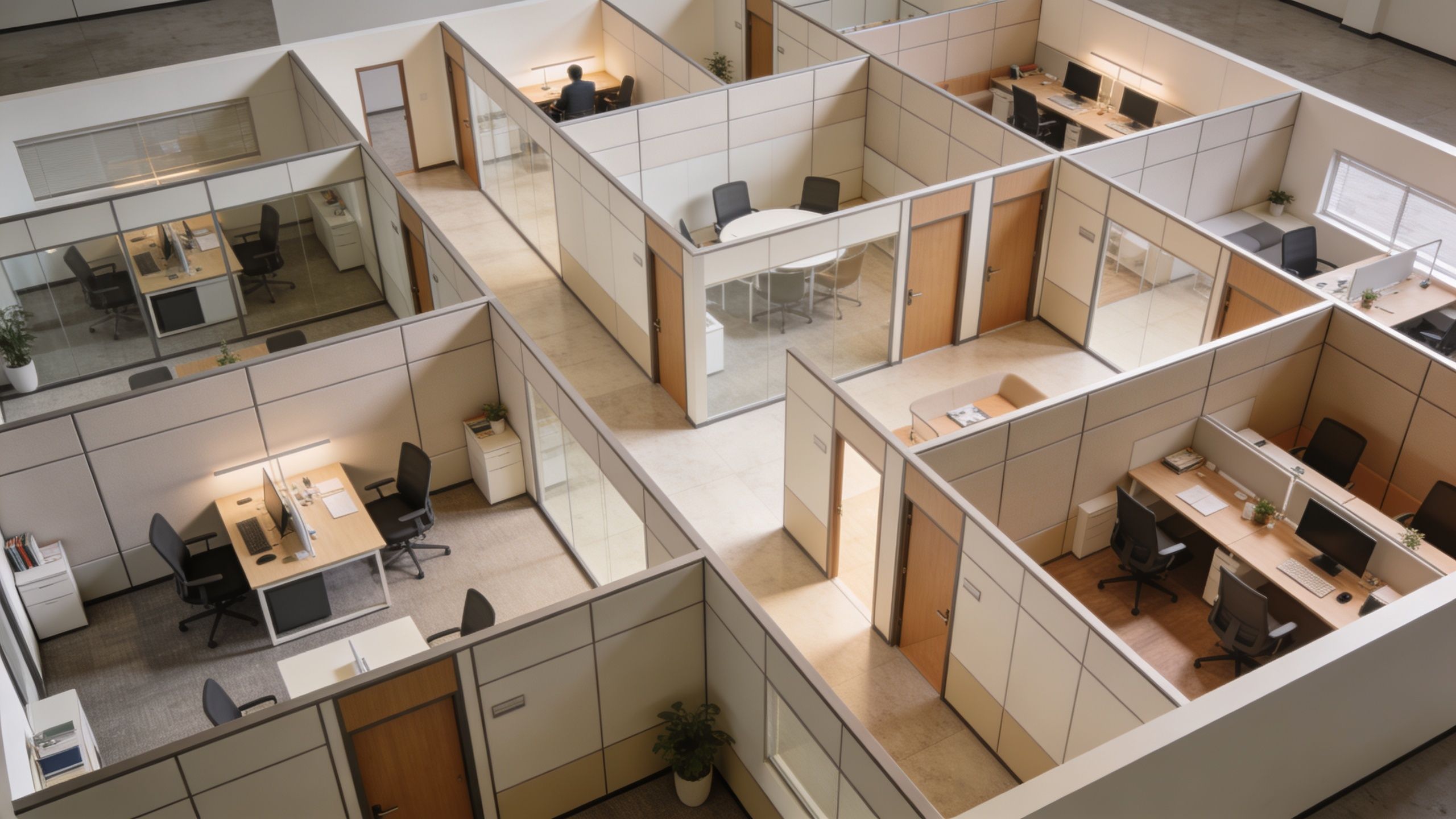 A high-angle view of a modern office interior featuring several cubicles, desks, and closed office partitions.